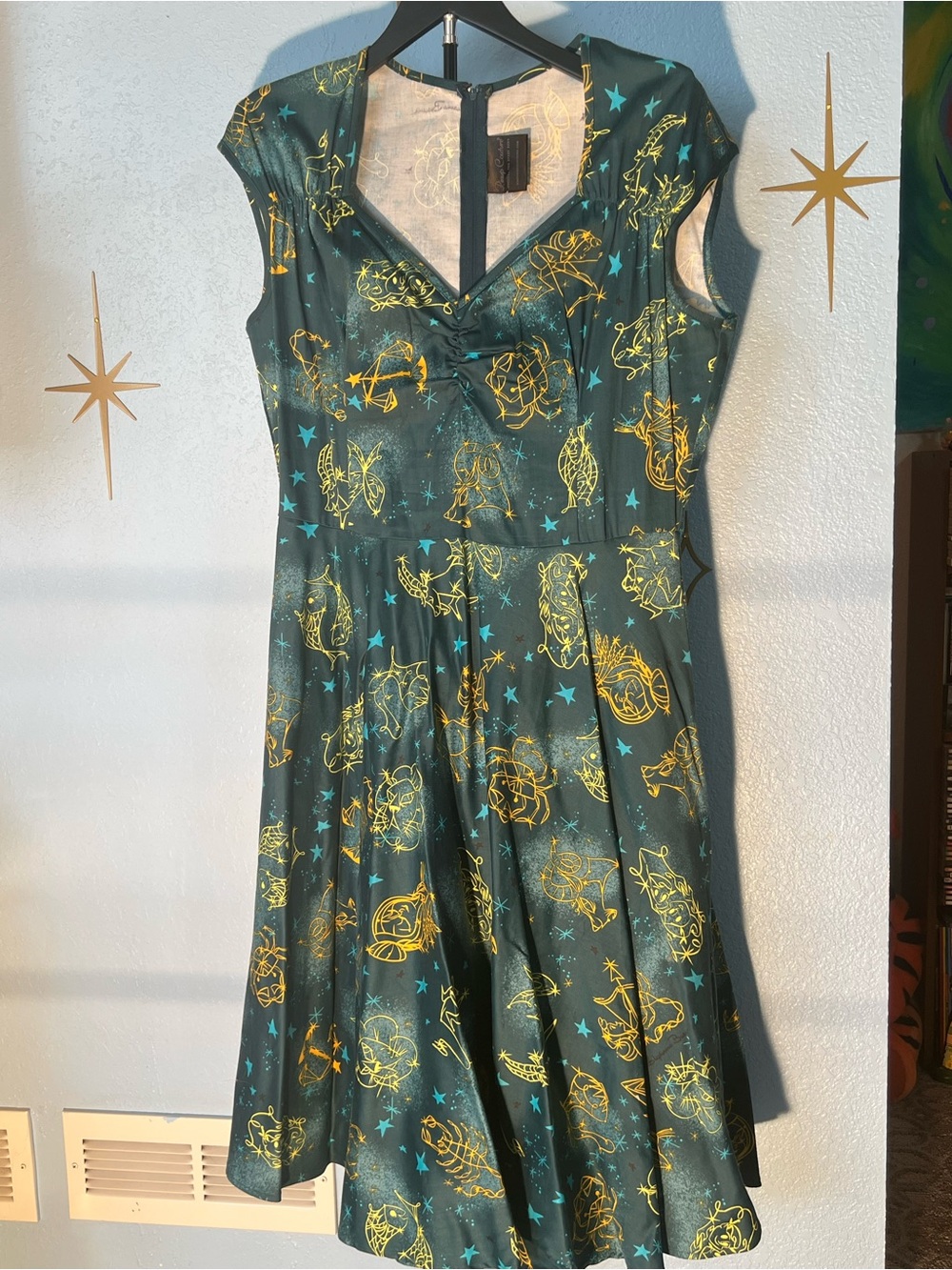 PUG Green Star & Zodiac Print Fit-and-Flare Dress